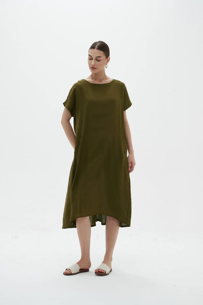 ELASTIC GATHER DRESS- DARK MOSS