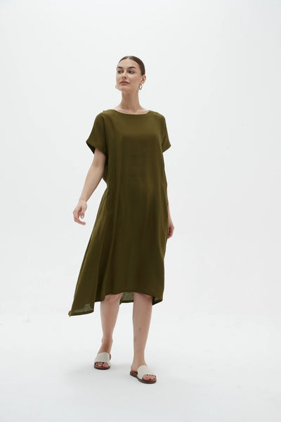 ELASTIC GATHER DRESS- DARK MOSS