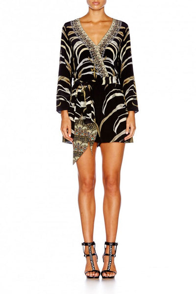 Long Sleeve Cross Front Playsuit- Zebra Crossing