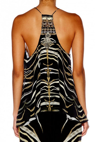 T Back Shoestring Strap Top- Zebra Crossing