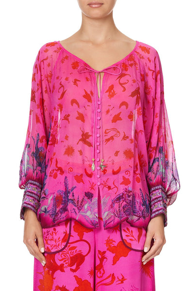 Raglan Sleeve Button Up Top- Tropic Of Neon