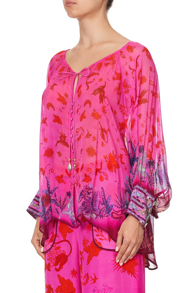 Raglan Sleeve Button Up Top- Tropic Of Neon