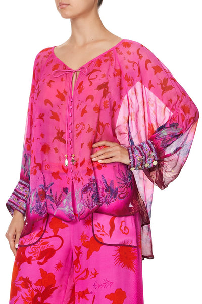 Raglan Sleeve Button Up Top- Tropic Of Neon