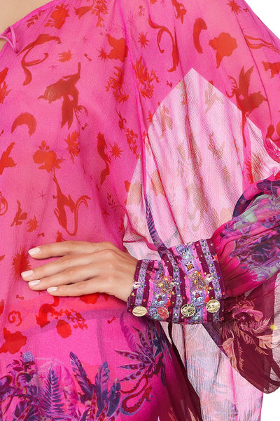 Raglan Sleeve Button Up Top- Tropic Of Neon