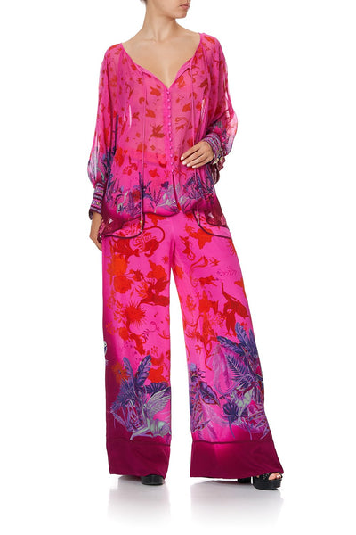 Raglan Sleeve Button Up Top- Tropic Of Neon