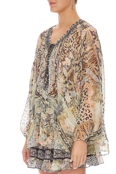 Tie Front High Low Hem Blouse- Moto Maiko