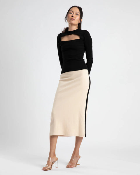 MIDI A LINE SKIRT - CREAM/BLACK STRIPE
