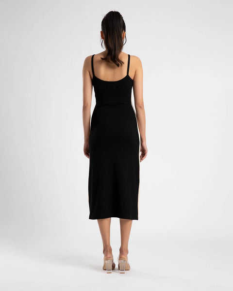 MIDI A LINE DRESS - BLACK/CREAM STRIPE