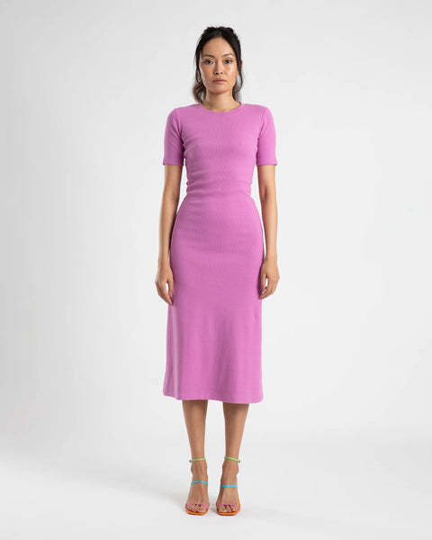 MIDI A LINE DRESS WITH SHORT SLEEVE- FUCHSIA