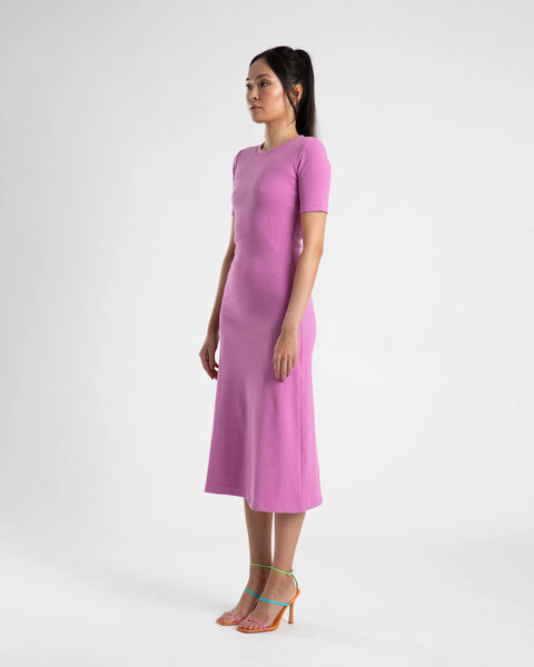 MIDI A LINE DRESS WITH SHORT SLEEVE- FUCHSIA