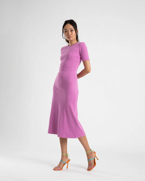 MIDI A LINE DRESS WITH SHORT SLEEVE- FUCHSIA
