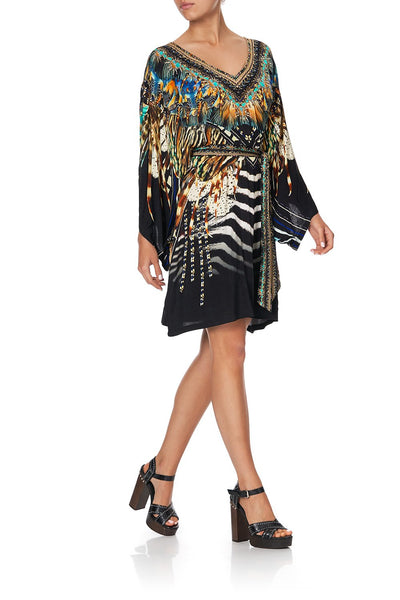 V Neck Jersey Short Kaftan W/ Tie- Lost Paradise