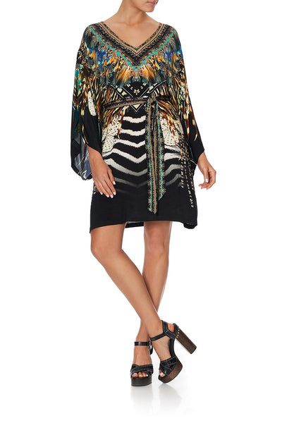 V Neck Jersey Short Kaftan W/ Tie- Lost Paradise