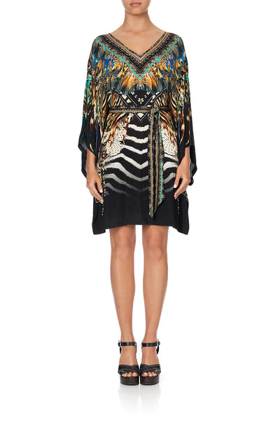 V Neck Jersey Short Kaftan W/ Tie- Lost Paradise