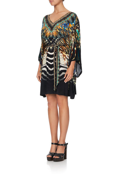 V Neck Jersey Short Kaftan W/ Tie- Lost Paradise