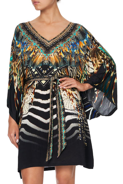 V Neck Jersey Short Kaftan W/ Tie- Lost Paradise