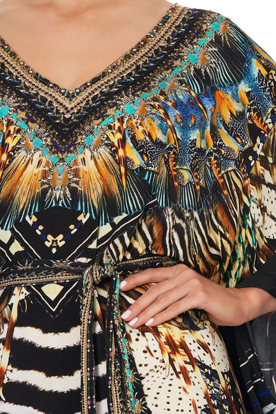 V Neck Jersey Short Kaftan W/ Tie- Lost Paradise