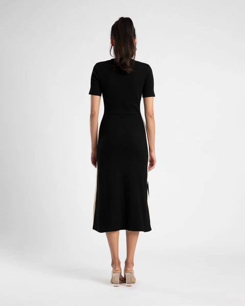 MIDI A LINE DRESS WITH SHORT SLEEVE - BLACK/CREAM STRIPE
