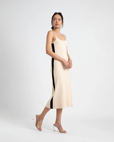 MIDI A LINE DRESS - CREAM/BLACK STRIPE