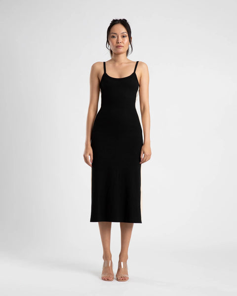 MIDI A LINE DRESS - BLACK/CREAM STRIPE