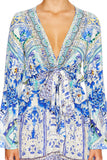 Wide Sleeve Tie Front Playsuit- Porcelain Paradise