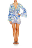 Wide Sleeve Tie Front Playsuit- Porcelain Paradise