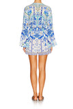 Wide Sleeve Tie Front Playsuit- Porcelain Paradise