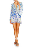 Wide Sleeve Tie Front Playsuit- Porcelain Paradise