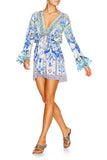 Wide Sleeve Tie Front Playsuit- Porcelain Paradise