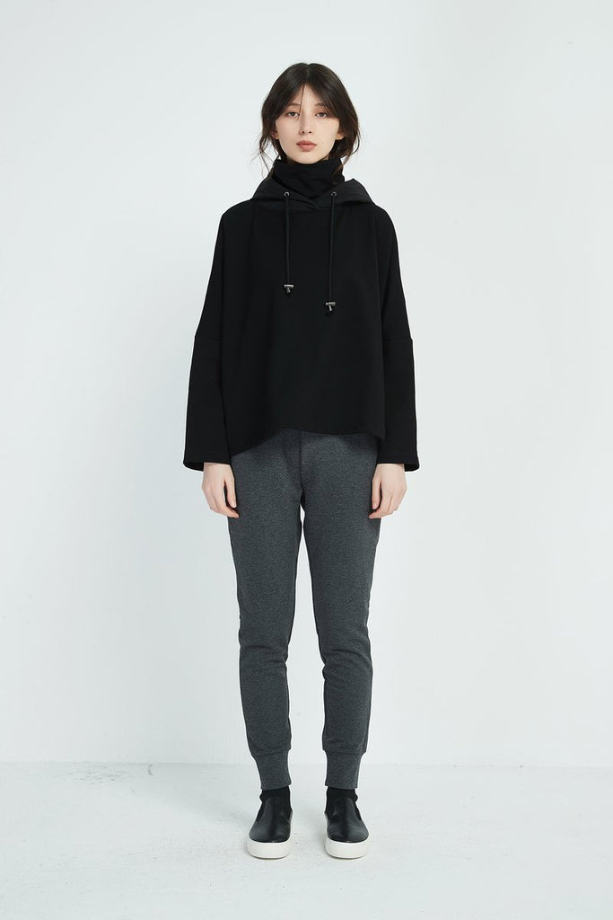 Oversized Contrast Hood Jumper- Black