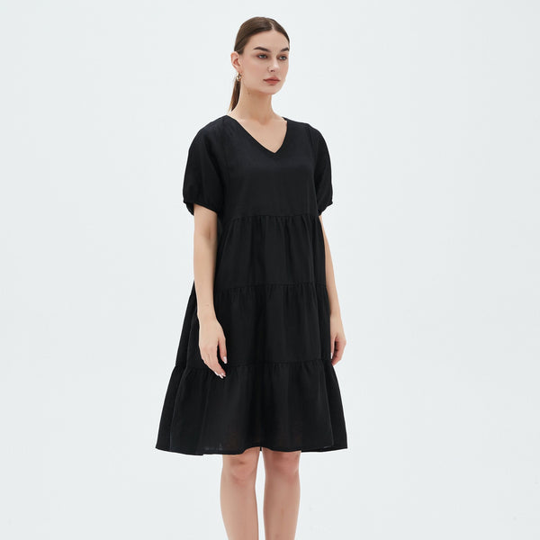 Tired linen dress- black