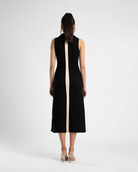 COLLARED V DRESS - BLACK/CREAM STRIPE