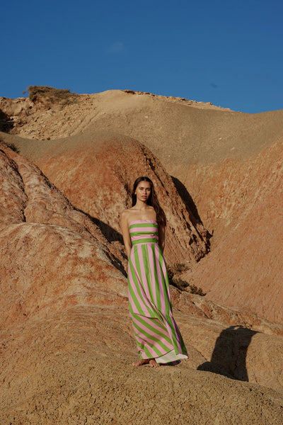 HAZEL DRESS IN SEAGRASS/SALMON STRIPE