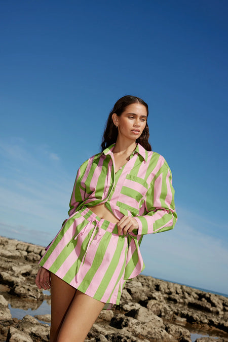 HAZEL DRESS IN SEAGRASS/SALMON STRIPE