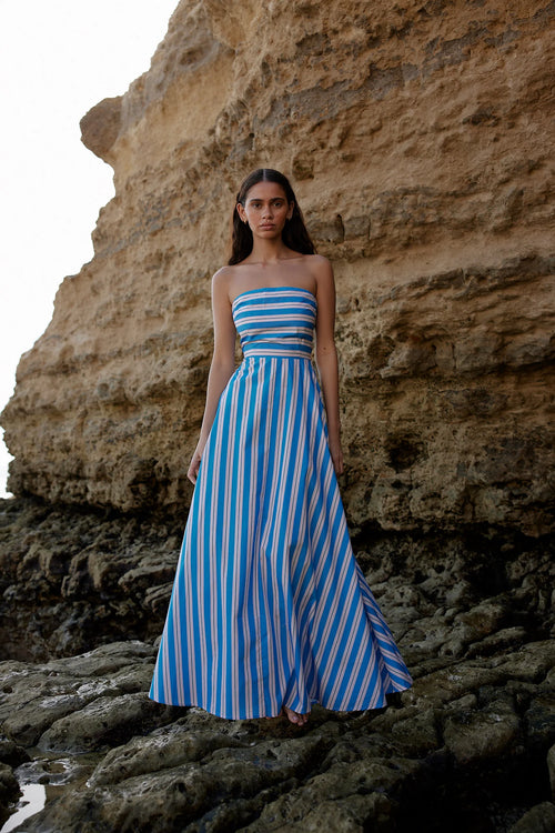 HAZEL DRESS IN OCEAN DEPTH/SEASHELL STRIPE