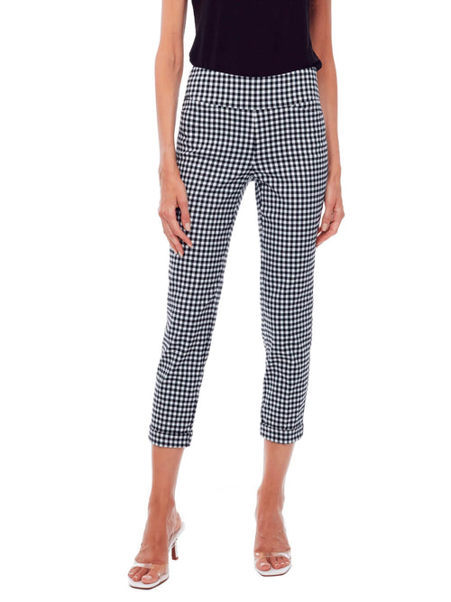 67734UP - GINGHAM CUFFED CROPPED PANT - B/W