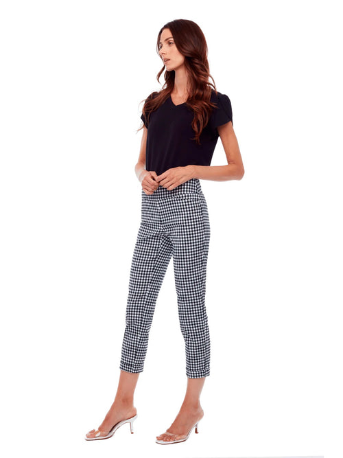67734UP - GINGHAM CUFFED CROPPED PANT - B/W