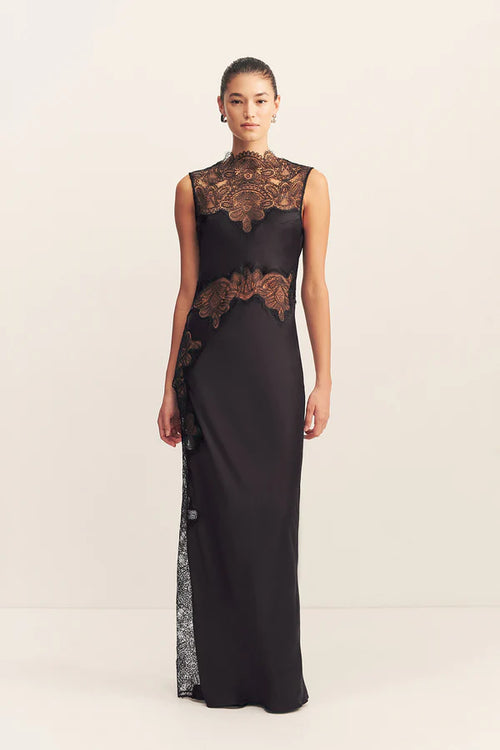 Jamila Lace High Neck Maxi Dress - Black