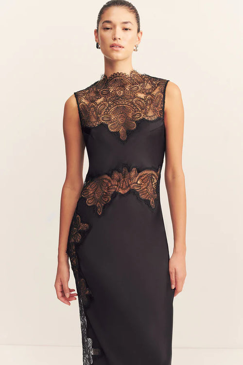 Jamila Lace High Neck Maxi Dress - Black