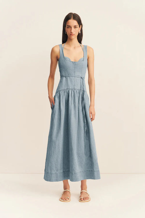 Ellsworth Bustier Gathered Midi Dress - Bleached Blue