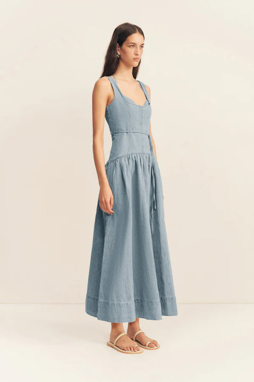 Ellsworth Bustier Gathered Midi Dress - Bleached Blue