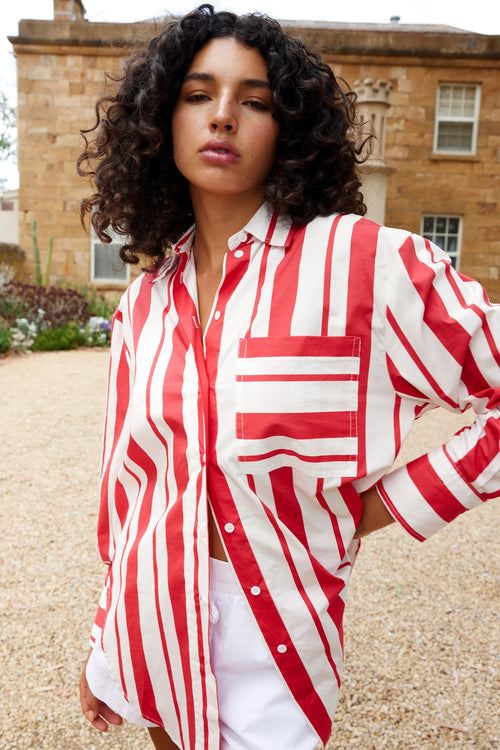BUDDY SHIRT IN RUBY ANTIQUE STRIPE