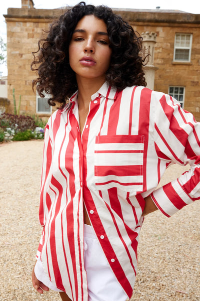 BUDDY SHIRT IN RUBY ANTIQUE STRIPE