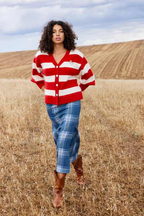 AGNES CARDI IN RUBY ANTIQUE STRIPE