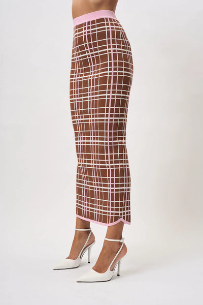 CAROLINA CHECK KNIT ANKLE SKIRT - BROWN PINK