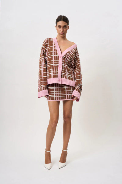 CAROLINA CHECK KNIT CARDI - BROWN PINK