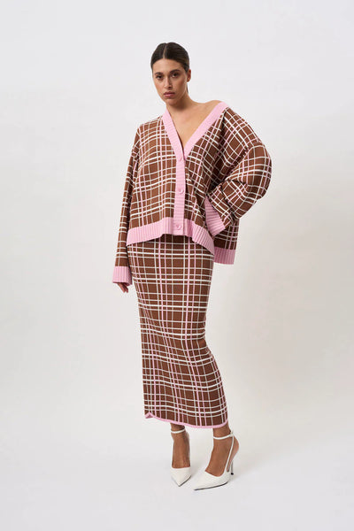 CAROLINA CHECK KNIT CARDI - BROWN PINK