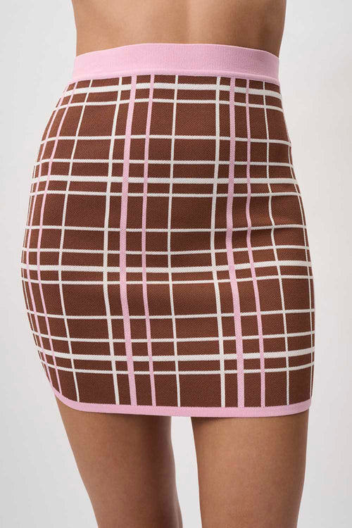 CAROLINA CHECK KNIT MINI SKIRT - BROWN PINK