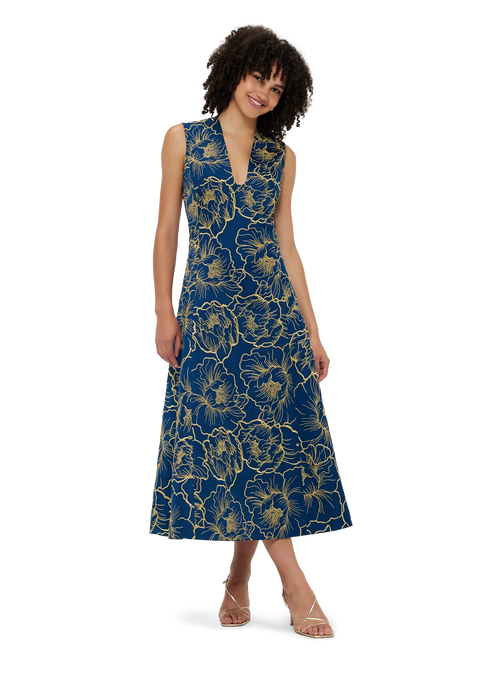 Nicola V Neck Midi Dress - Marine Blue