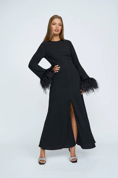 MIRANDA FEATHER CUFF FULL LENGTH DRESS - BLACK